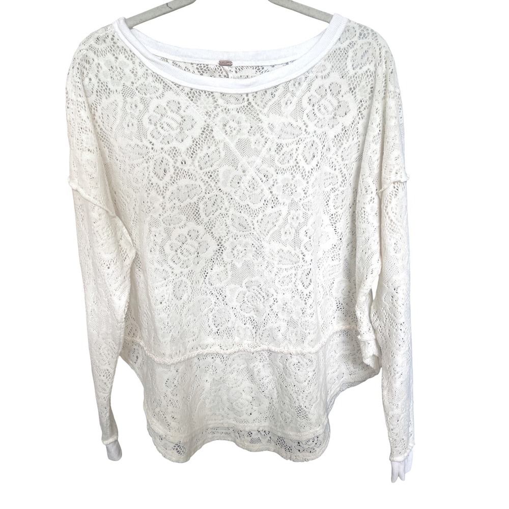 Free People White Semi Sheer Lace Knit Crewneck Boho Sweater XS